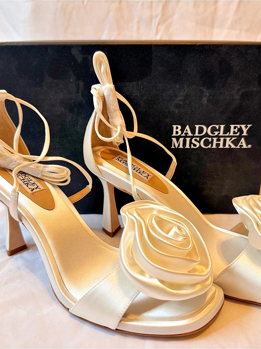 Badgley Mischka Janelle Satin Rosette Heels White NWT